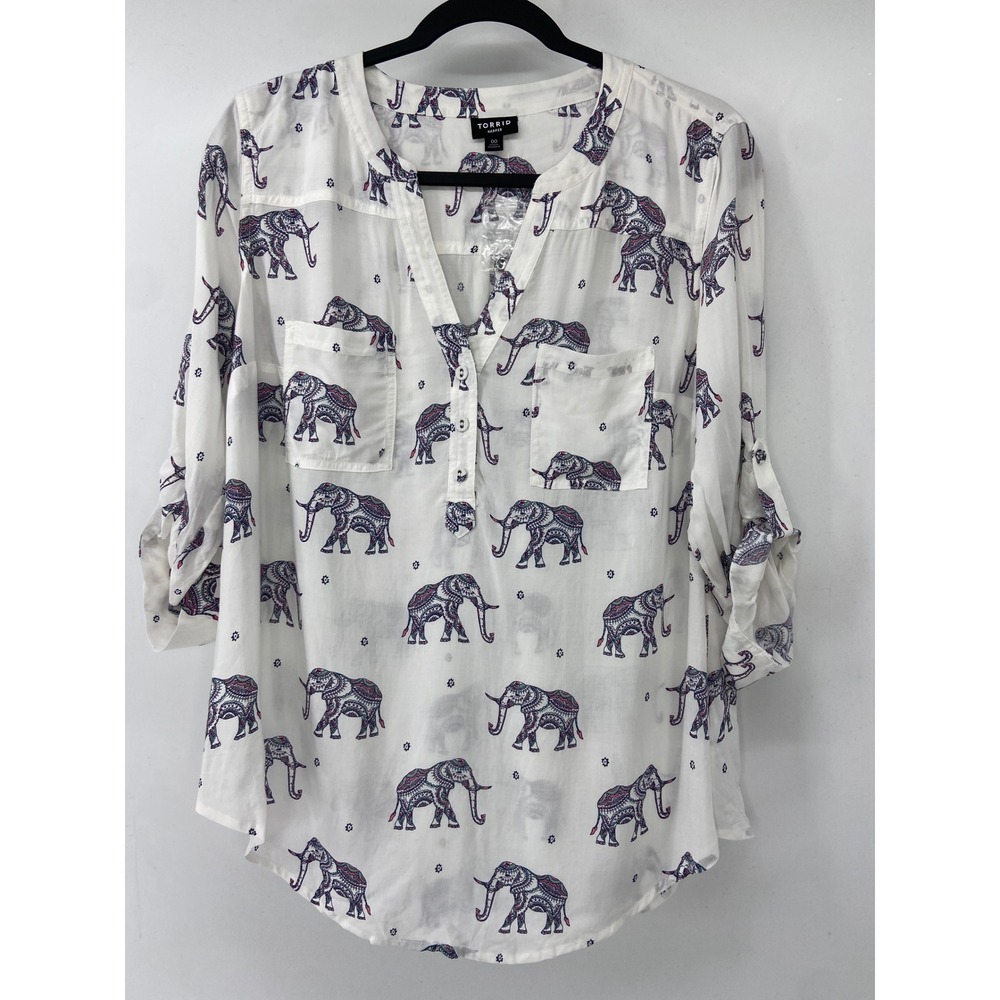 Torrid Blouse Women 00 White Elephant Harper Roll Tab Sleeve V-Neck Top Novelty